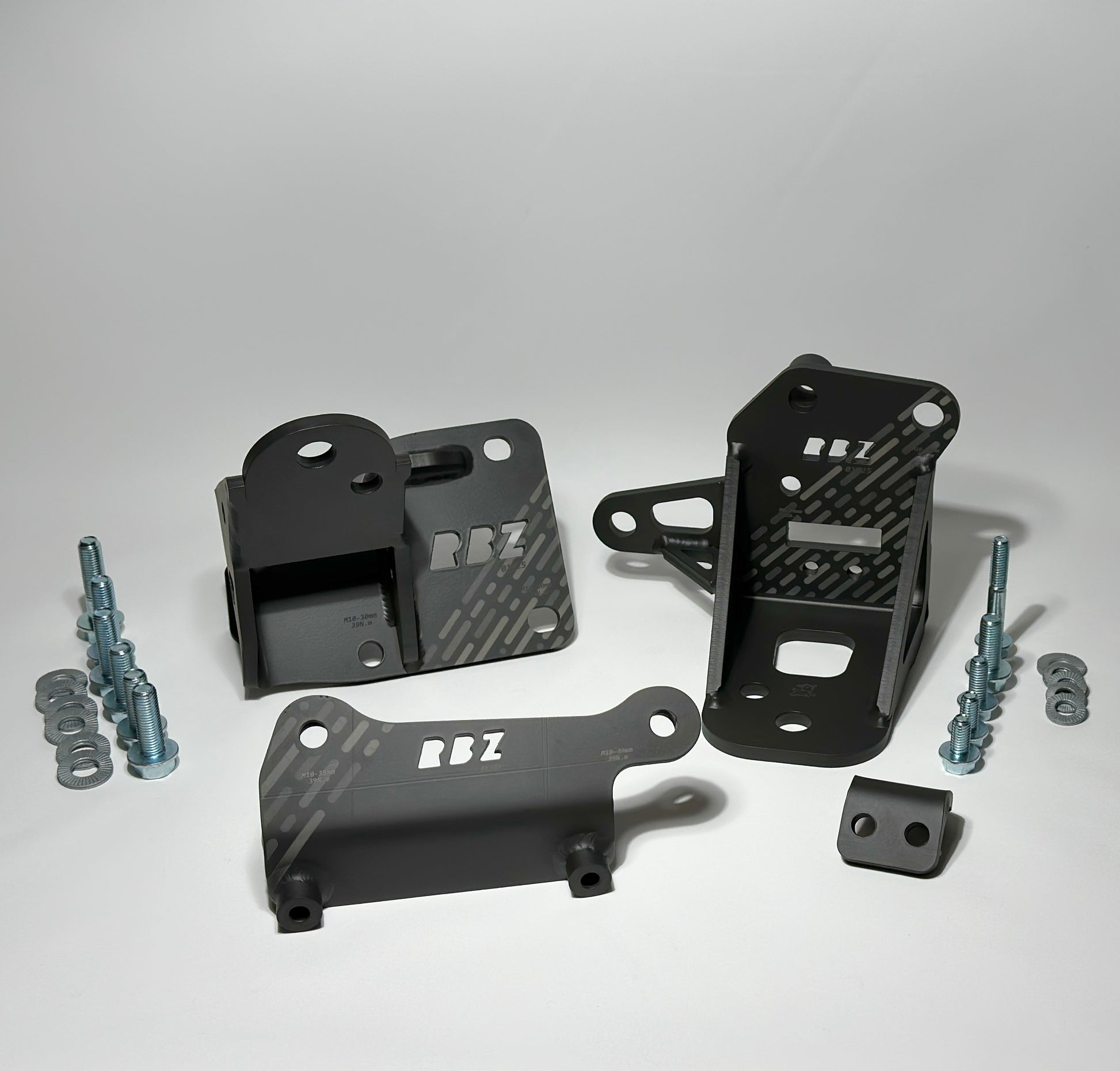 RBZ Harmony Grid Collection S2000 K20A swap engine mount kit V2 with AC bracket Cerakote finish and Nord-Lock hardware