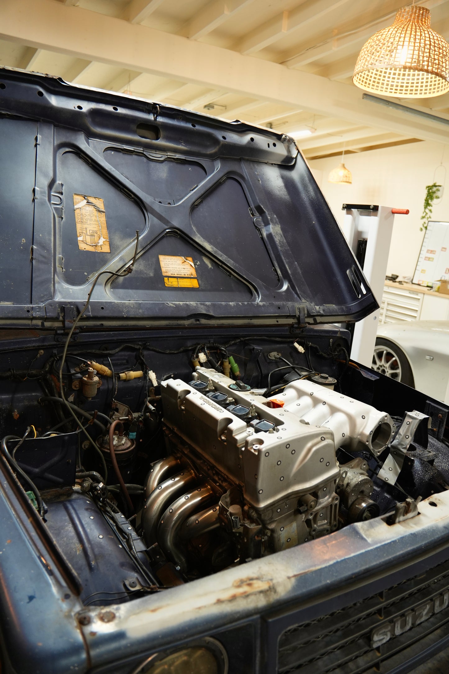 Honda K24 engine installed in Suzuki Samurai chassis with RBZ Harmony engine mounts in factory mount locations